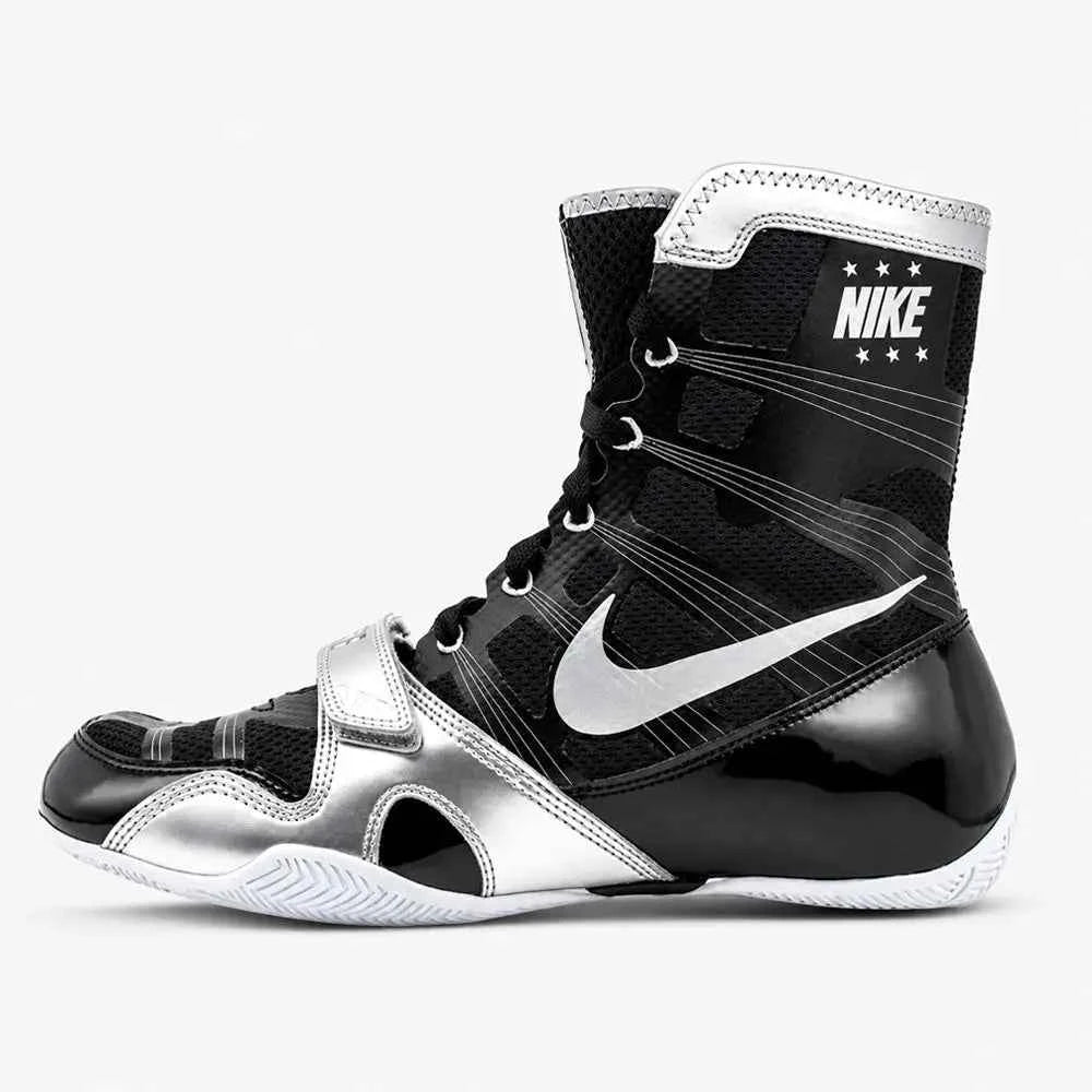 Nike Hyperko 1 boxing boot black and metallic silver angled view