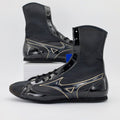 Mizuno High-Cut boxing boots in black patent with gold-outlined logo panelling