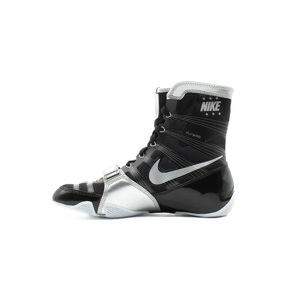 Straight-on side perspective of the black and silver Nike Hyperko 1 ring boot