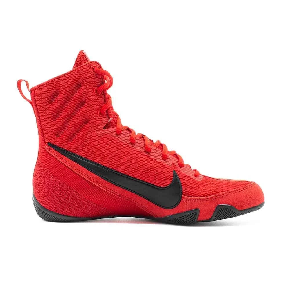 Nike Machomai 2 boxing shoes in red featuring a side profile with a bold black Nike Swoosh logo, red laces, and black rubber sole