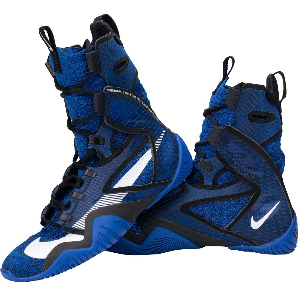 Pair of Nike Hyperko 2 royal blue and black high-top boxing shoes with white Swoosh detailing