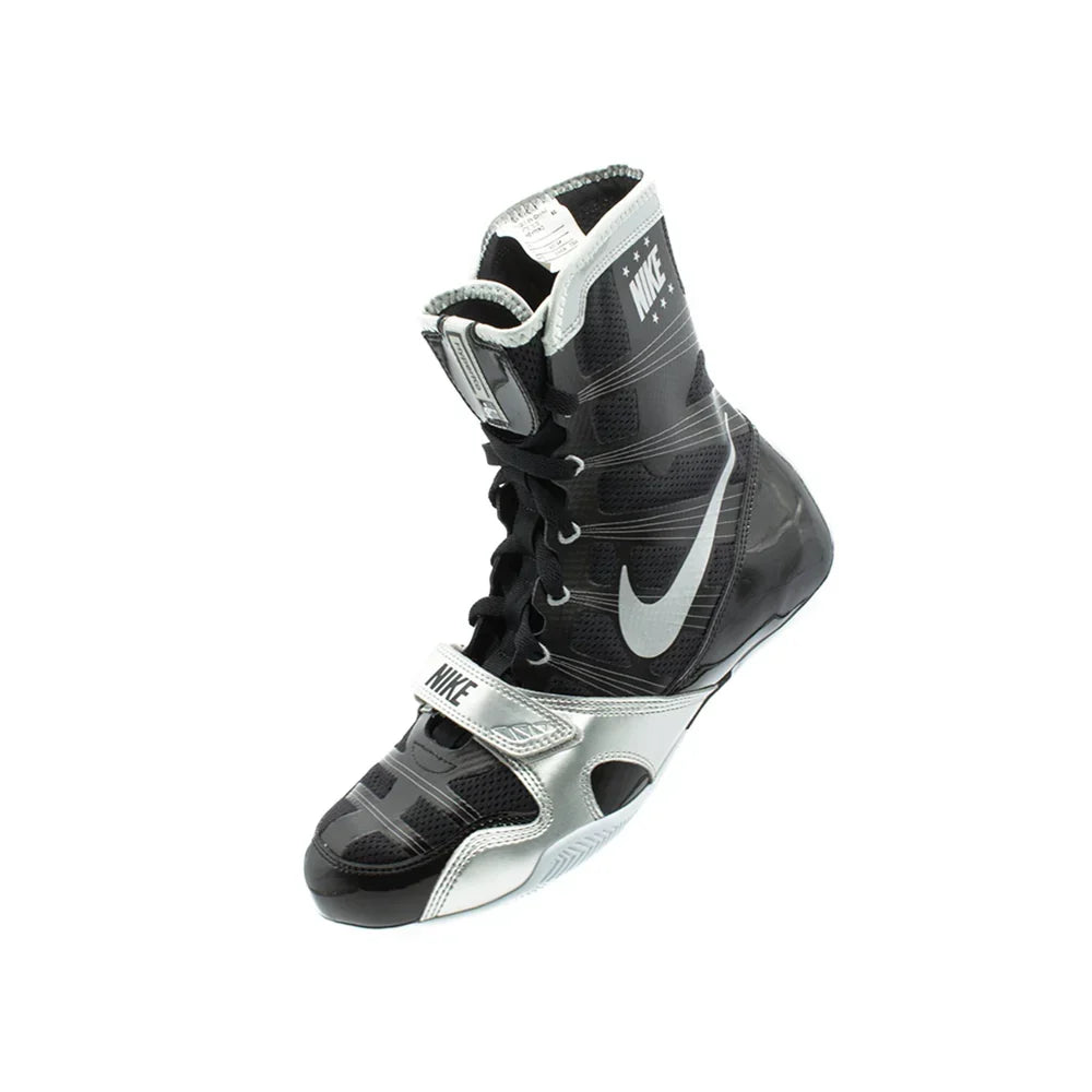Top-down view looking into the collar and footbed of Nike Hyperko 1 black silver boots