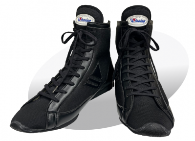 Pair of Winning RS-100 boxing shoes in sleek all-black colorway with high-top design and Winning logo on tongue