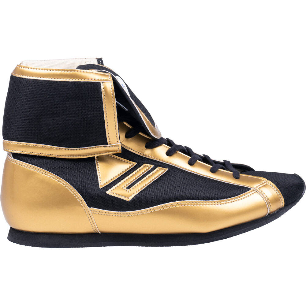 Winning short-cut boxing boots in metallic gold and black top-down view