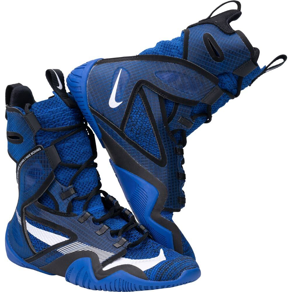 Nike Hyperko 2 royal blue, black, and white high-top boxing shoes on white background