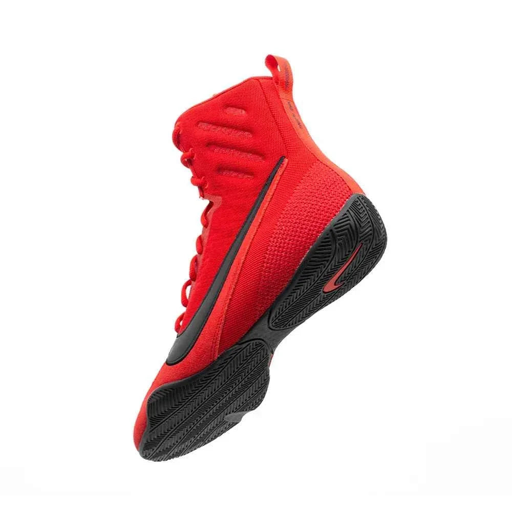 Red and black high-top Nike Machomai 2 boxing shoe shown from a side profile