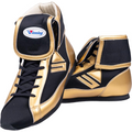 Winning short-cut boxing shoes in gold and black with fold-over ankle collar displaying Winning brand oval patch