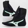 Mizuno High-Cut boxing boots in black with white and green logo, tall boot silhouette