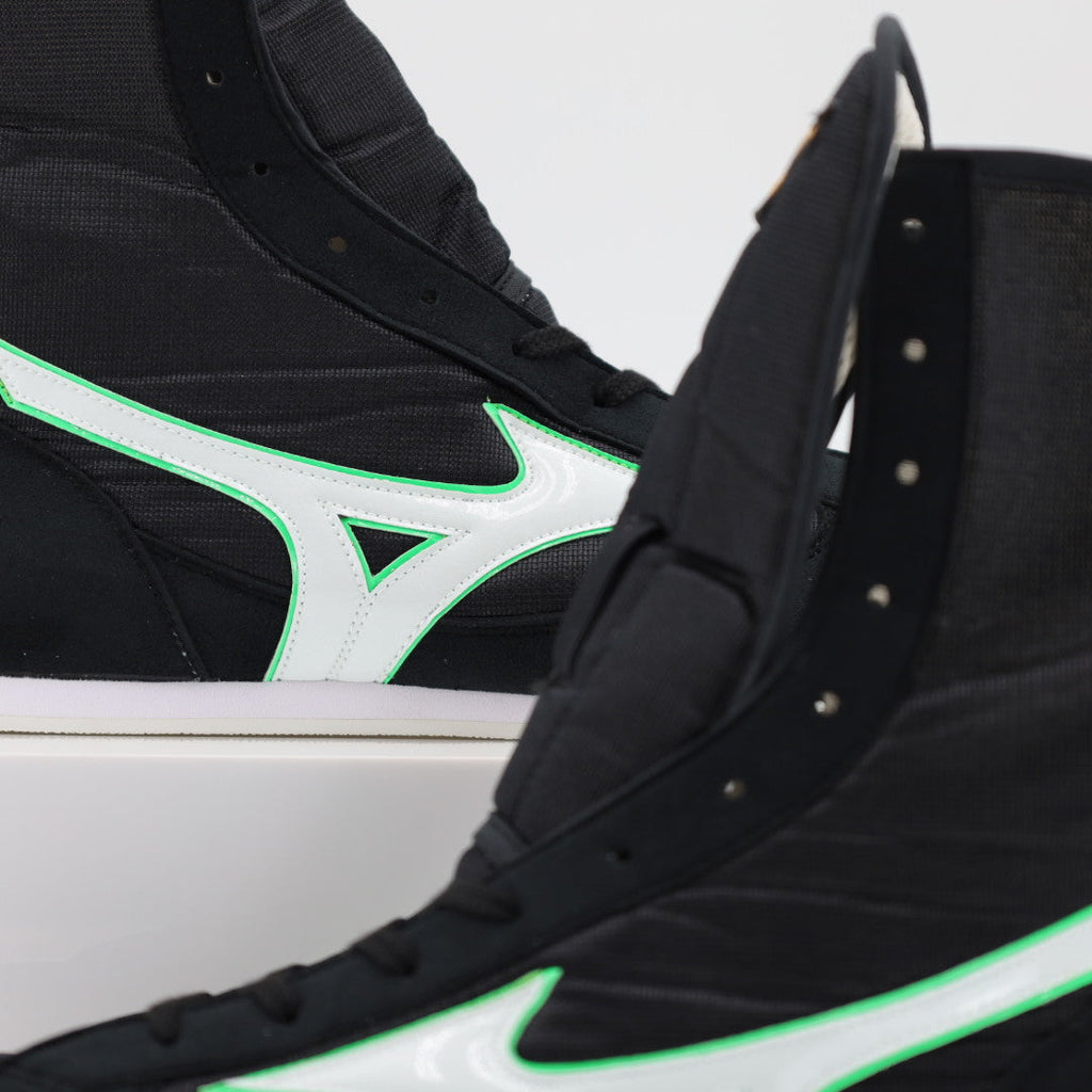 Mizuno High-Cut boxing boots black and green, side profile showing full boot height