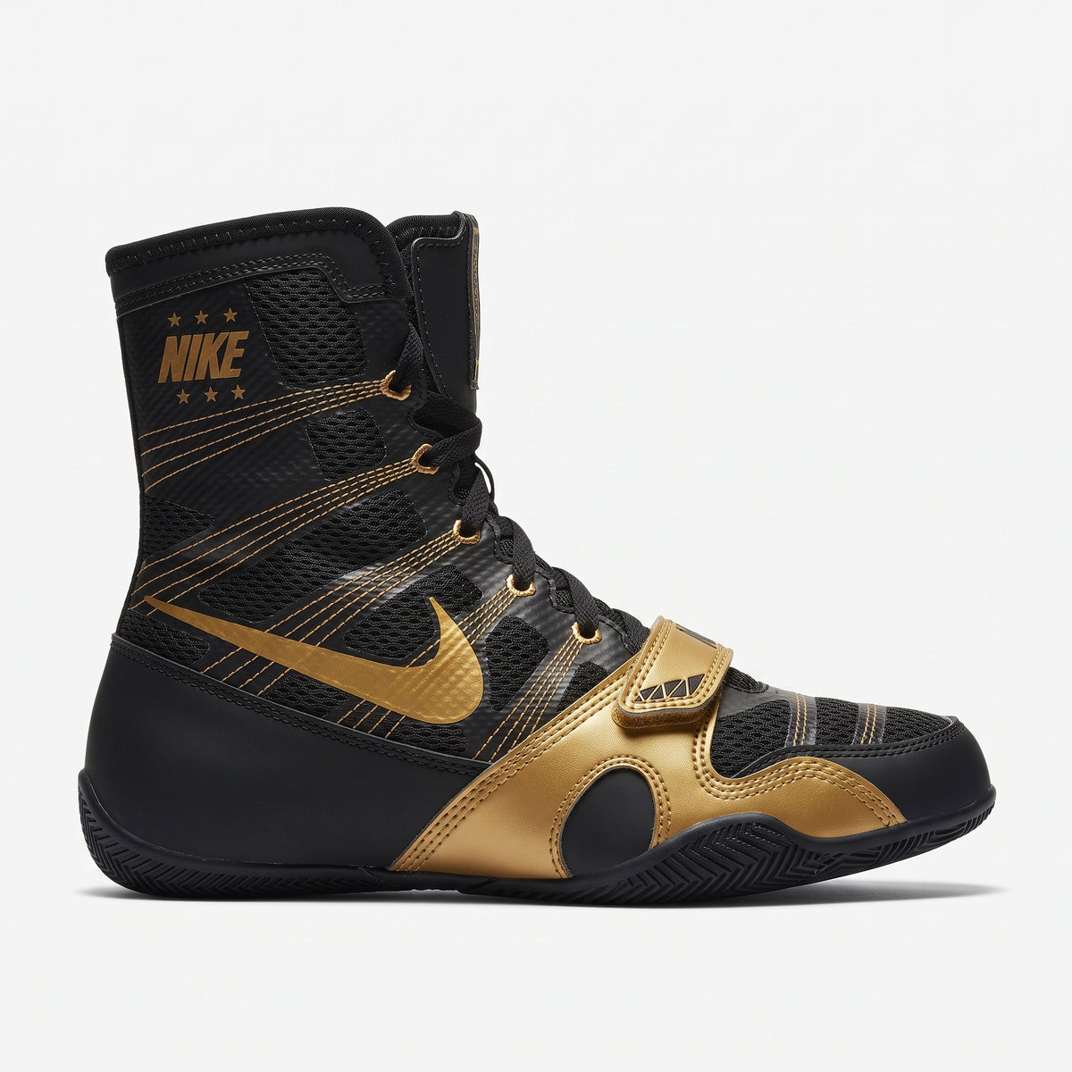 Nike HyperKO 1 Black/Gold boxing shoe on white background, three-quarter view