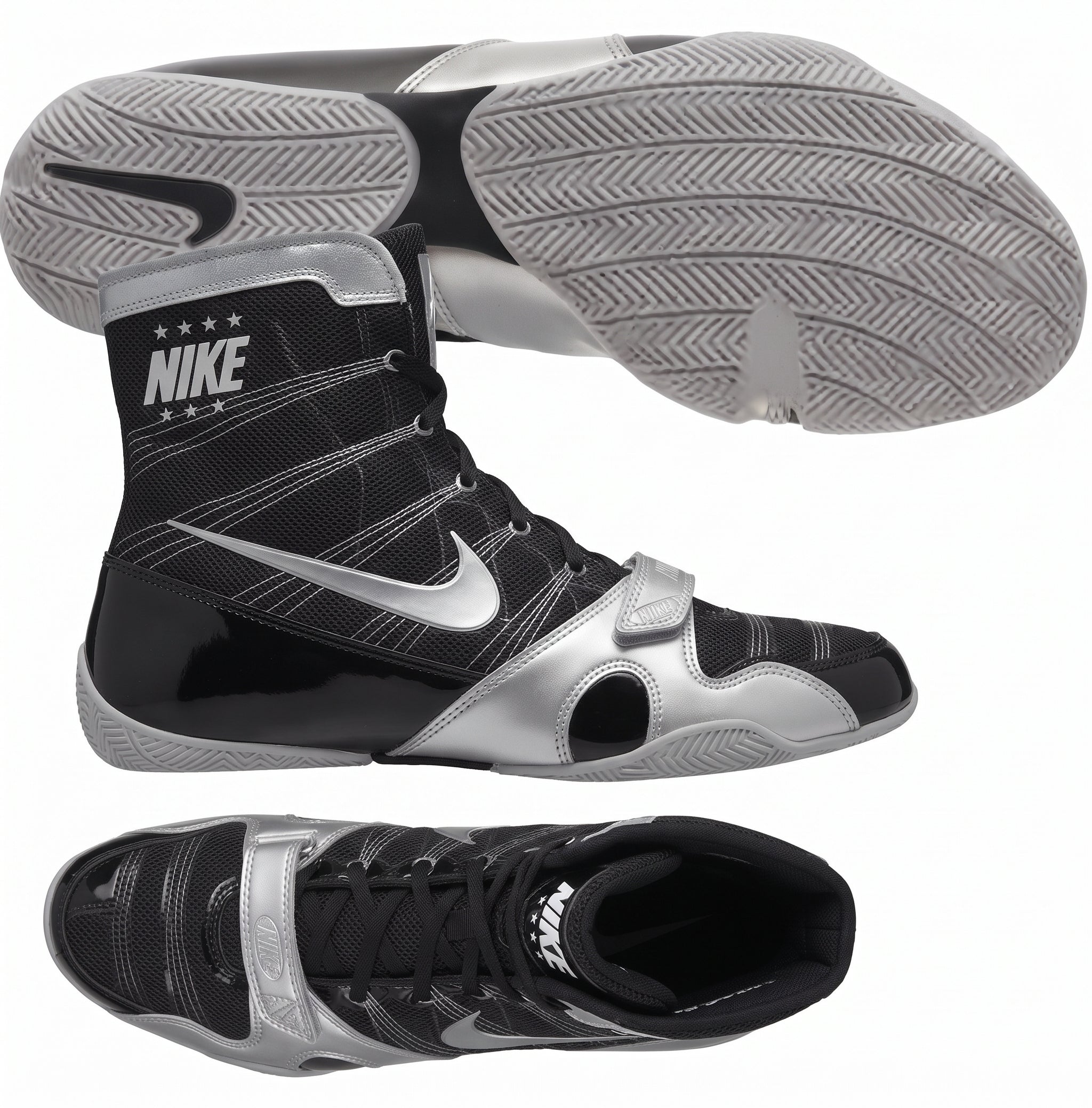 Nike HyperKO 1 black and metallic silver boxing shoes, detail view