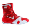Nike Hyperko 1 boxing shoes in red and white featuring side profile, Flywire cables, forefoot strap, white Nike Swoosh, and white outsole