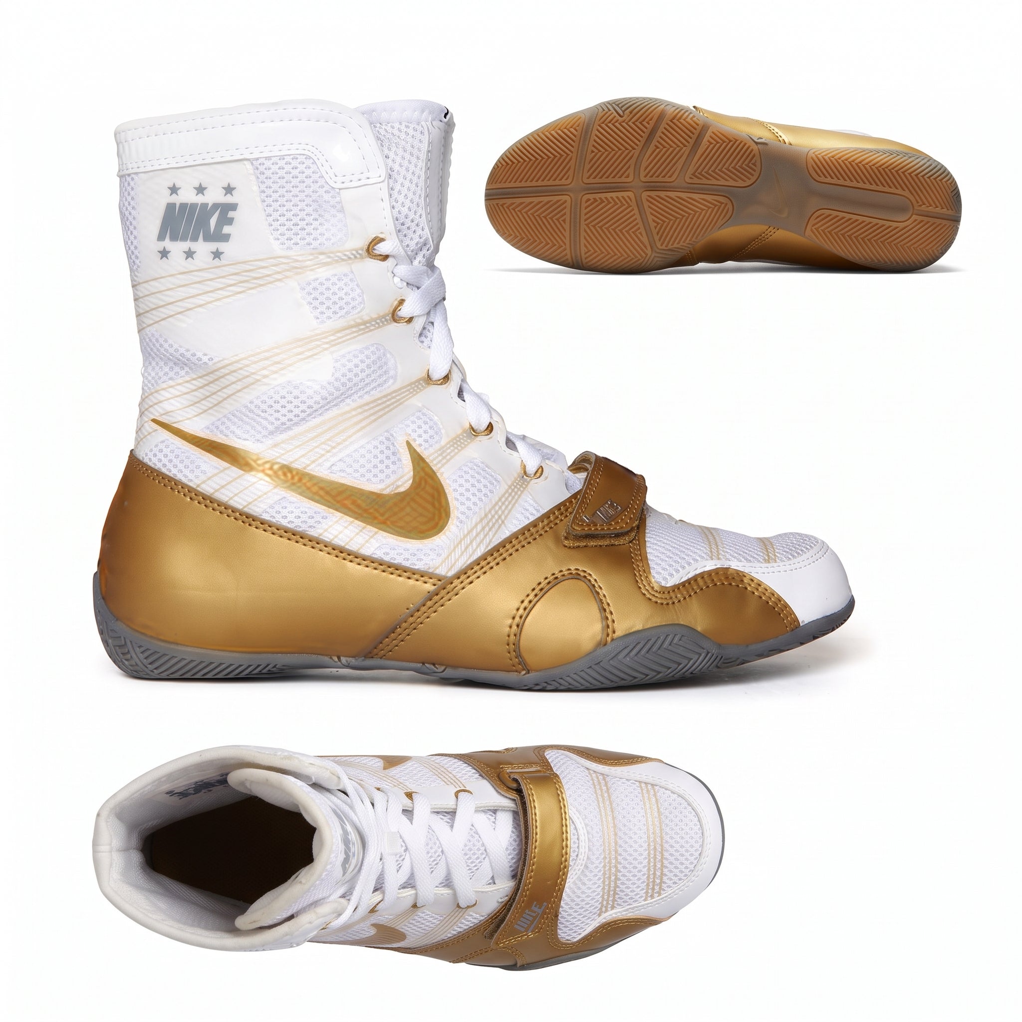 Nike HyperKO 1 White/Gold boxing shoe pair, front three-quarter view