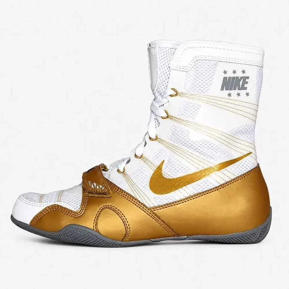 Nike HyperKO 1 boxing shoes in White and Metallic Gold, high-top boxing shoe
