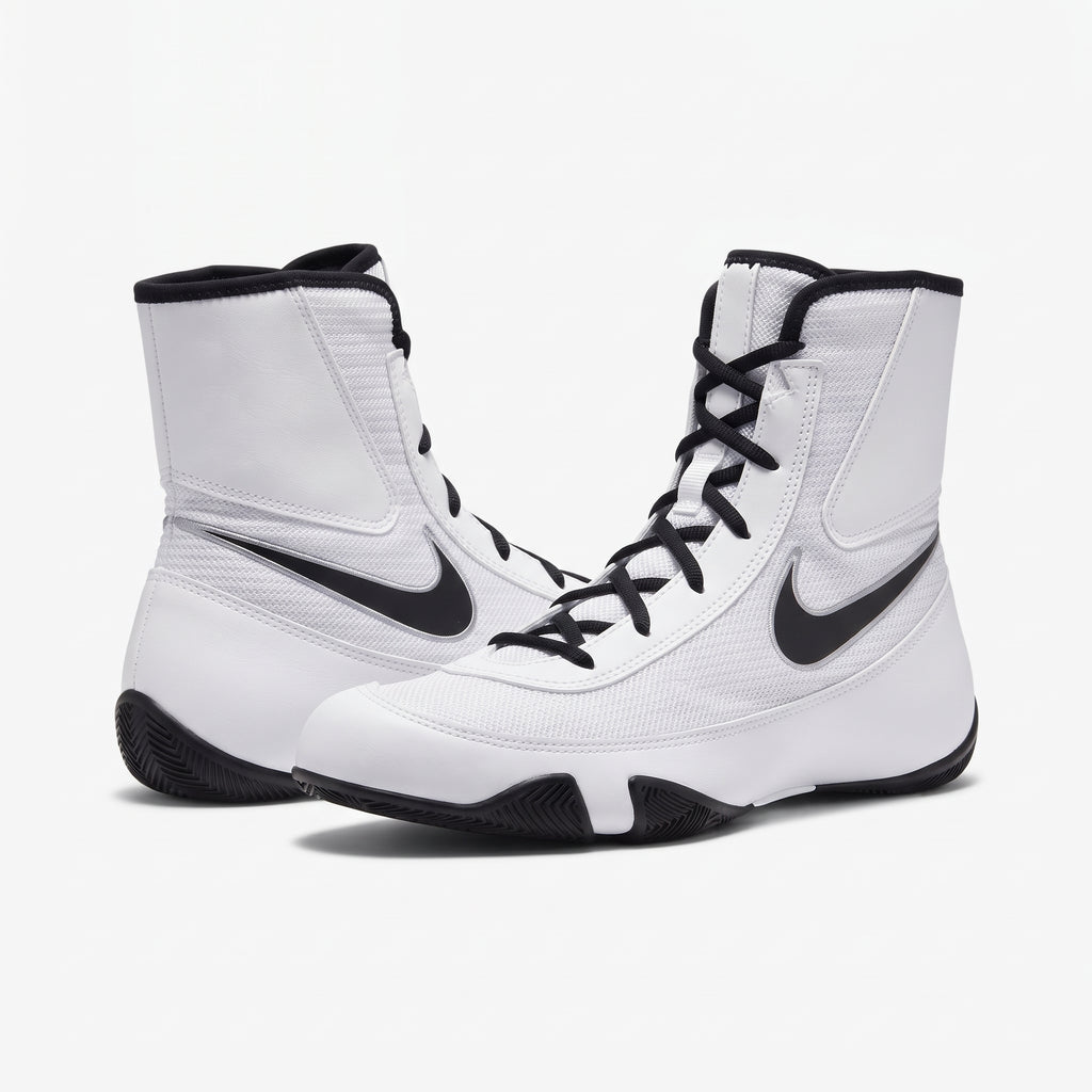 Nike Machomai 2 White/Silver boxing shoe pair, angled studio shot