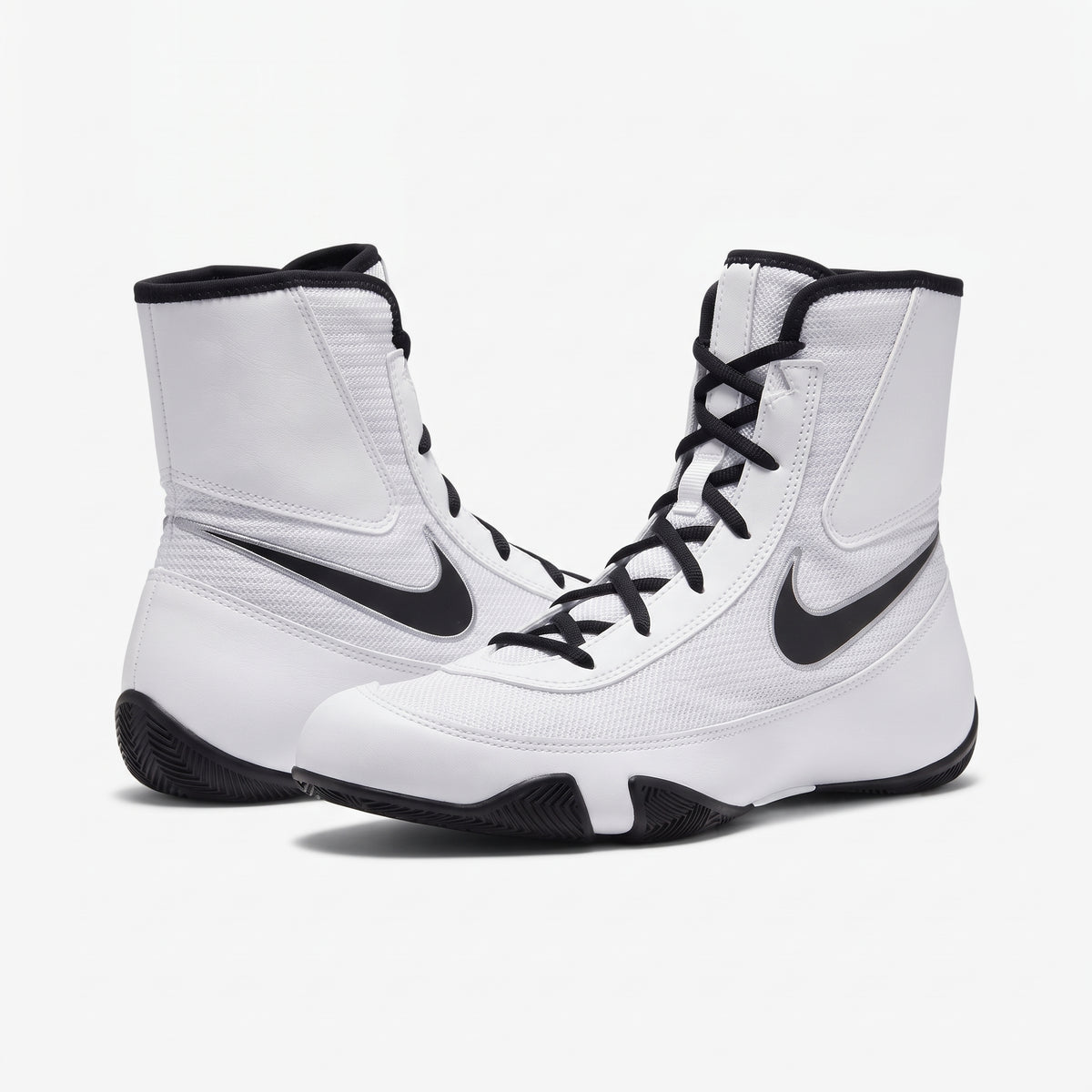 Nike Machomai 2 White/Silver boxing shoe pair, angled studio shot